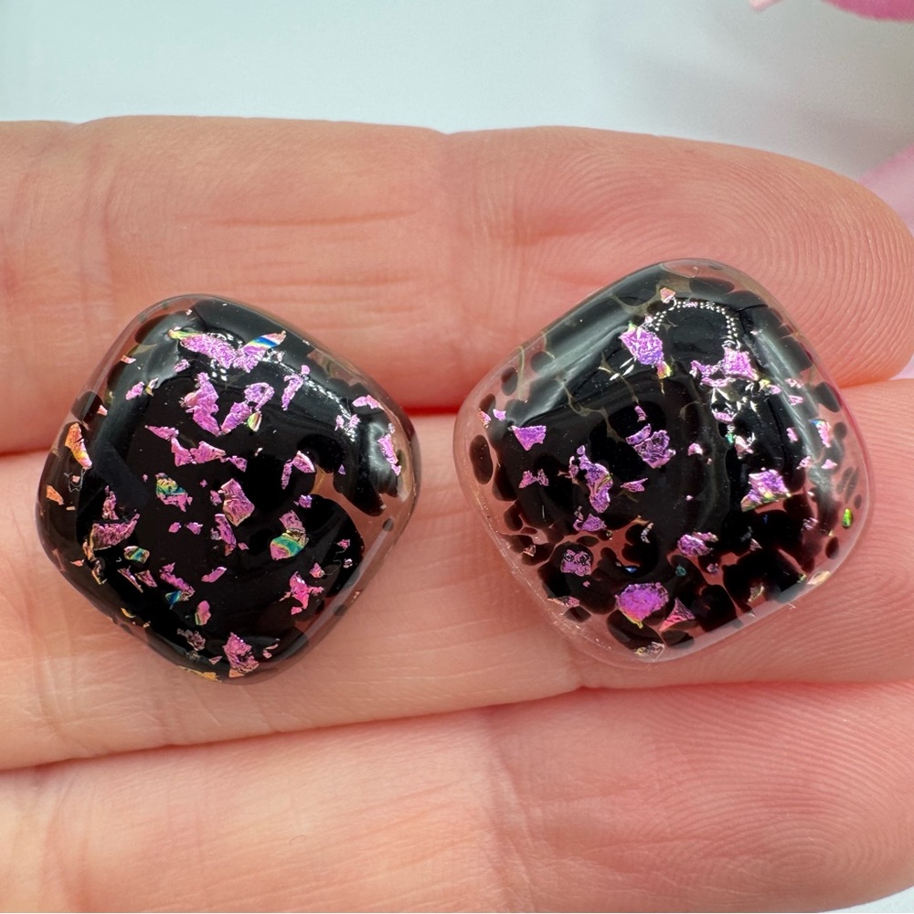 Artisan Art Glass Dichroic Stud Earrings Black Hot Pink Foil Flecks 80s Vibe